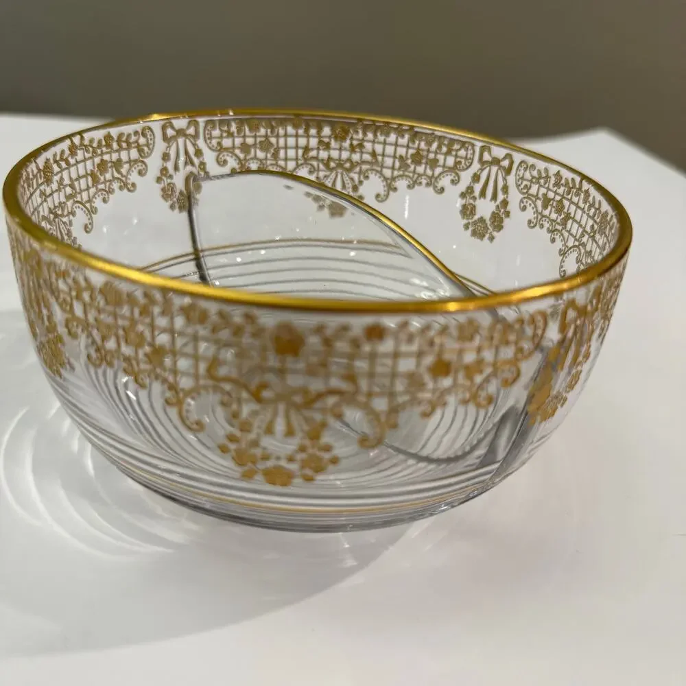 Glass Bowl and 2 Serving Spoons Gold Inlay Floral Divided Serving 3 x 6